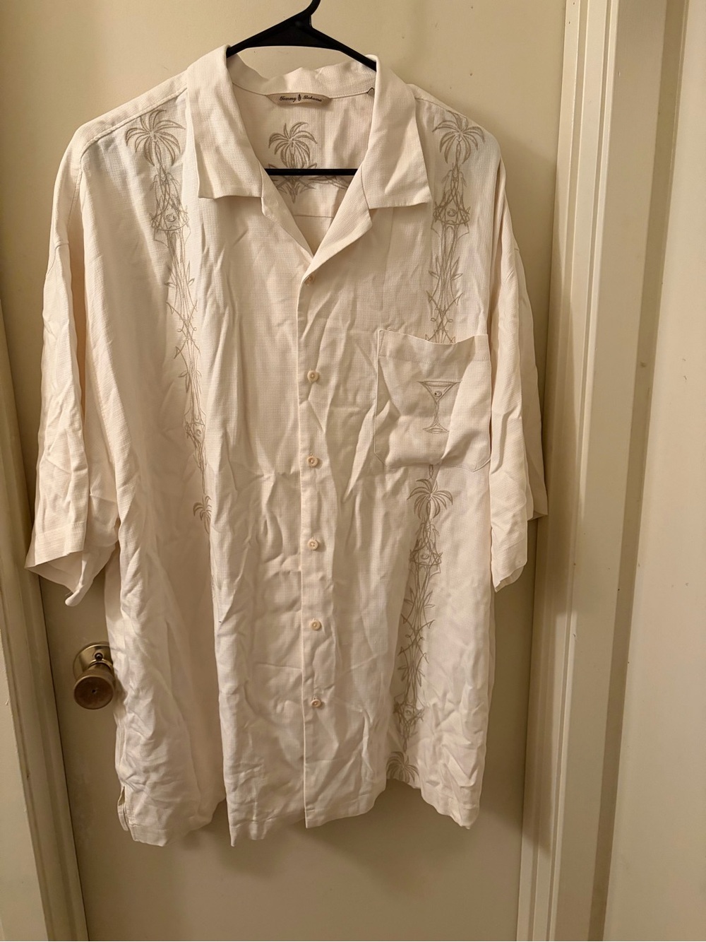 Tommy Bahama Creme Short-Sleeve Camp Shirt with Palm & Cocktail Embroidery